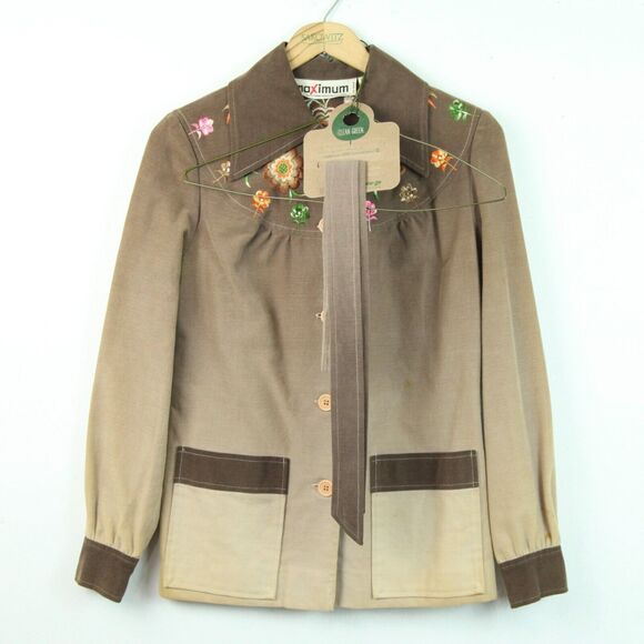 Vintage 70s XS Belted Jacket Brown Floral Embroidered Western Hippy Retro Boho - Picture 2 of 14